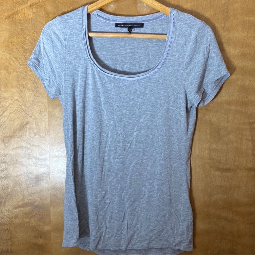 White House Black Market grey heather knit scoop neck with satin trim‎ t shirt